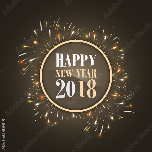 Happy New Year 2018 background with glowing fireworks and glitter.