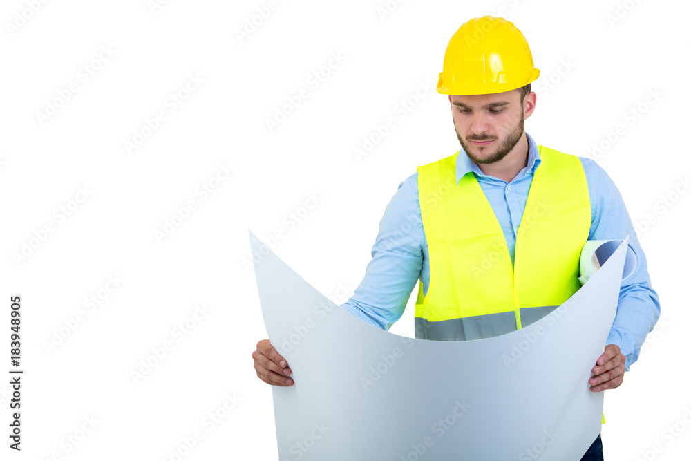 Young Engineer portrait holding blueprints isolated on white Young Engineer portrait holding blueprints isolated on white