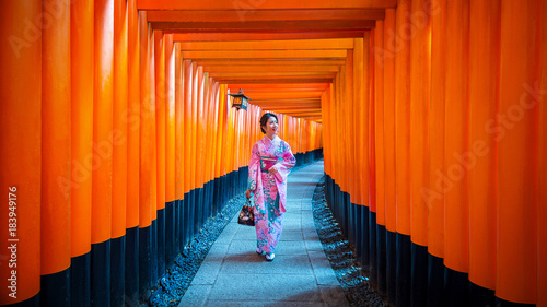 Asian women in traditional japanese kimonos at Fushimi Inari Shrine in Kyoto, Japan. photo