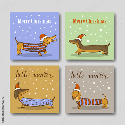 Christmas greeting cards with funny dachshund