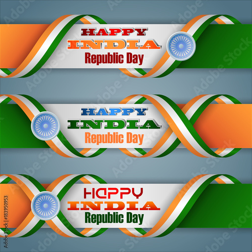 Set of web banners with texts, spinning wheel and Indian flag colors for 26th of January, India, Republic day, celebration; Vector illustration