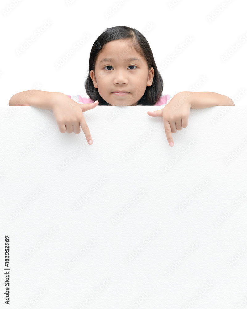 cute asian girl pointing on white banner board cute asian girl pointing on white banner board