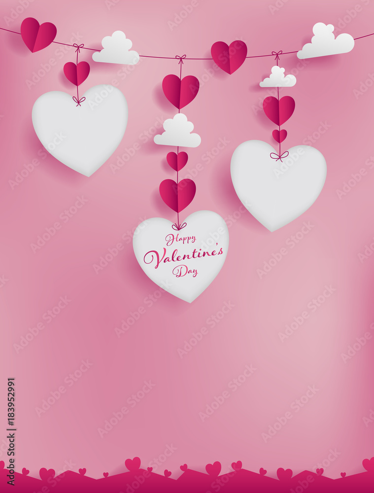 Valentines paper art concept contain hearts and clouds stick to red string.Three die-cuts as heart shape work with sweet couple photo or short note event promotion of marketing banner too.