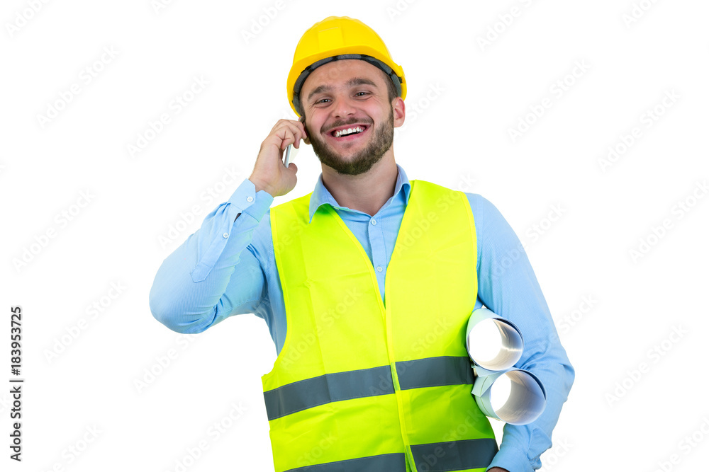 Angry upset young construction engineer yeling at the phone Angry upset young construction engineer yeling at the phone