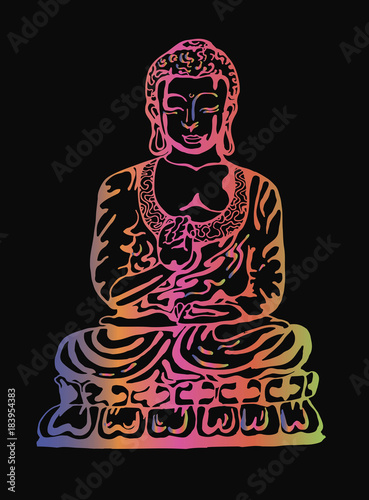 Buddha in meditation in the style of street art. Colorful vector illustration of a black and white buddha on a black background