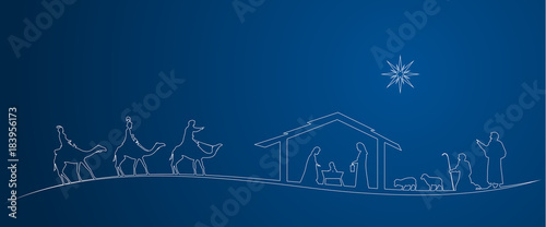 Christmas time. Nativity scene with Mary, Joseph, baby Jesus, shepherds and three kings.