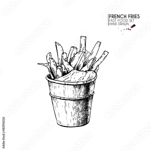 Hand drawn set of fast food. Bucket of french fries potato. Vintage engraved vector illustration. Isolated on white. For restaurant, menu, street food, bakery, cafe, logo, flyer, banner