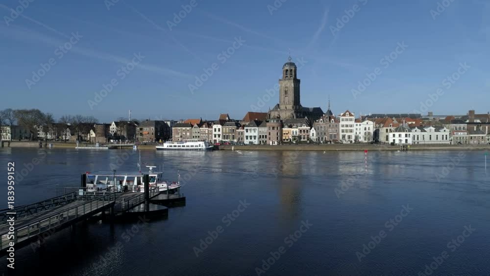 Aerial shot of Dutch IJssel river at Deventer waterfront Aerial shot of Dutch IJssel river at Deventer waterfront