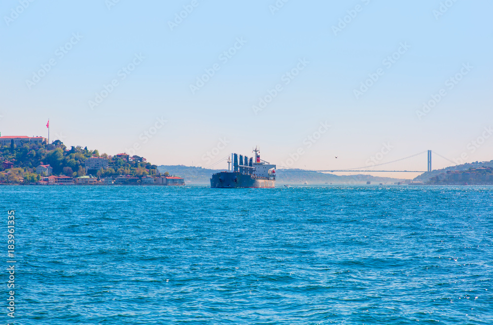 Large cargo container ship passing through Bosphorus, Istanbul, Turkey