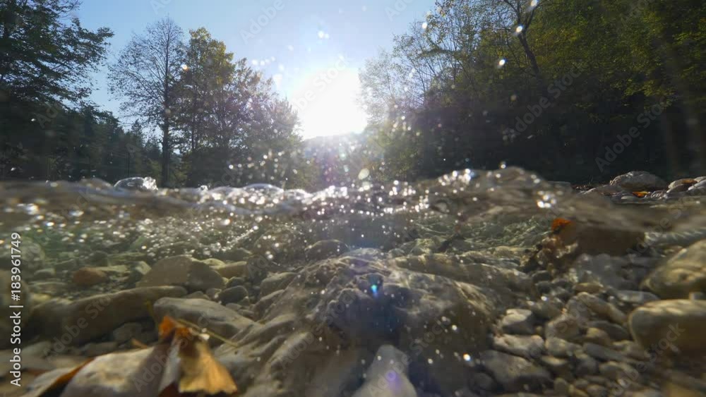 HALF-HALF, LENS FLARE Unrecognizable trekker stepping into cold mountain river on sunny day in forest. Water splashing as unknown person steps into river, creating bubbles and ripples in forest stream HALF-HALF, LENS FLARE Unrecognizable trekker stepping into cold mountain river on sunny day in forest. Water splashing as unknown person steps into river, creating bubbles and ripples in forest stream