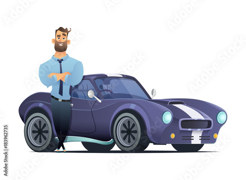 Successful man standing in front of a sports car. Seller or owner of a automobile. VCartoon style vector illutration.