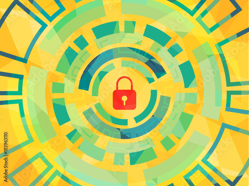Cyber security concept vector illustration. Symbol of lock, as protection from hacking, on multicolor technology circle background.
