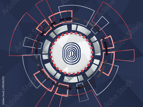 Cyber security concept vector illustration. Symbol of fingerprint, as protection from hacking, on multicolor technology circle background.
