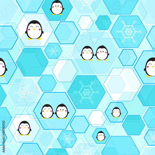 Seamless vector background, cute penguin and snowflake on honeycomb background.