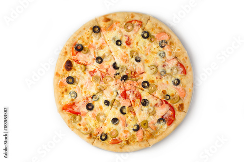 Top view of a Pizza isolated on white background with tuna fish, onions and olives