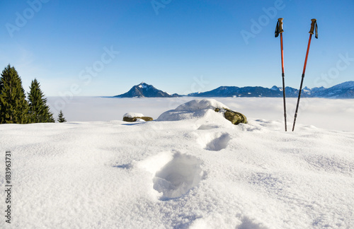 Pair of hiking sticks and footprints in snow. Sporting activity in mountains winter landscape. Allgau, Bavaria, Germany.