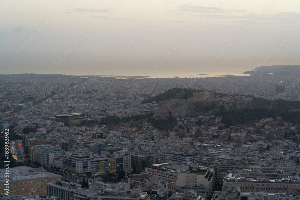 view of Athens and the Acropolis from the Mount Lycabettus after sunset