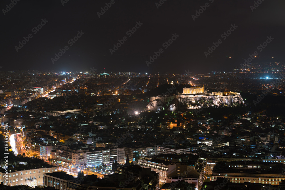 view of Athens and the Acropolis from the Mount Lycabettus at night
