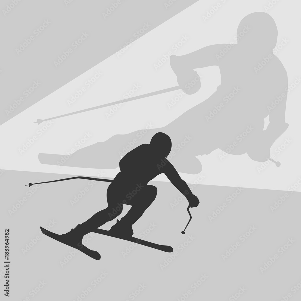 Fototapeta premium on a background of abstract mountains . a person goes fast on downhill skiing. dark silhouette.