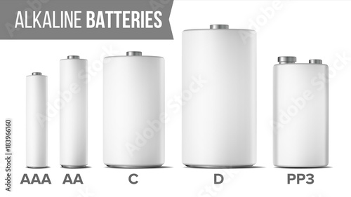 Alkaline Batteries Mock Up Set Vector. Different Types AAA, AA, C, D, PP3, 9 Volt. Classic Modern Realistic Battery. White Clean Empty Template Good For Branding Design. Isolated Illustration photo