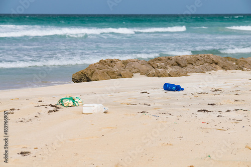Plastic rubbish brought in on the Atlantic Ocean tide discarded on Santa Maria Beach, Boa Vista, Cape Verde