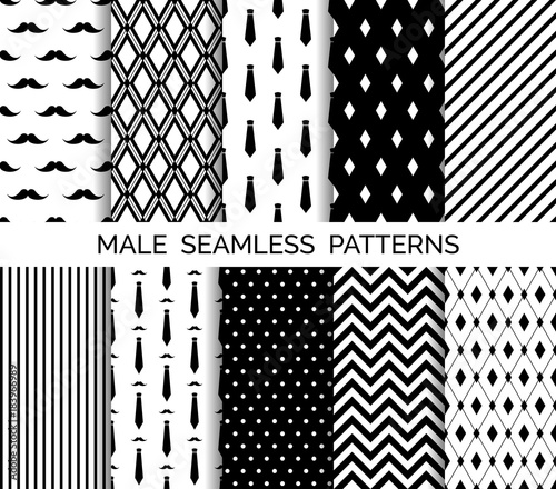 Set of printable vector male seamless patterns. Black and white backgrounds