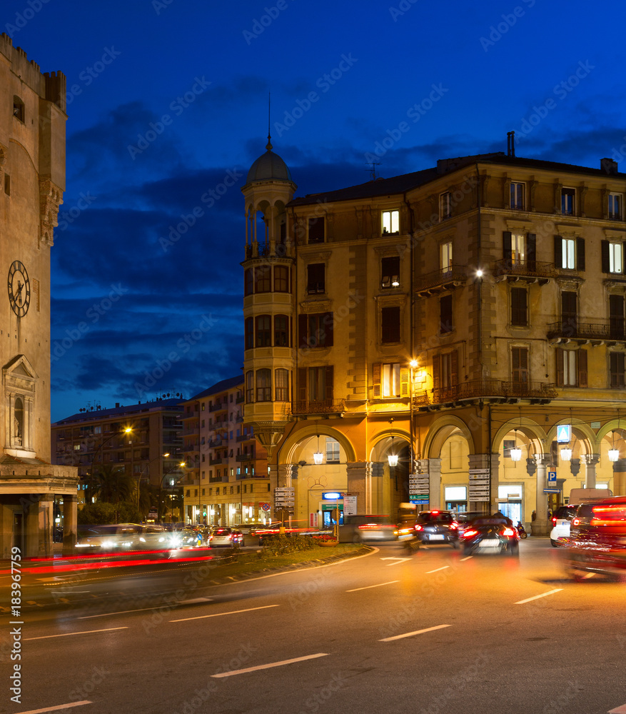 Evening traffic on the  picturesque downtown street, Port area of Savona, western Italian Riviera, Liguria region, Italy.