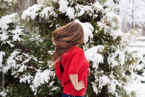 Beautiful young girl model in winter in a parked park. in a red sweater.