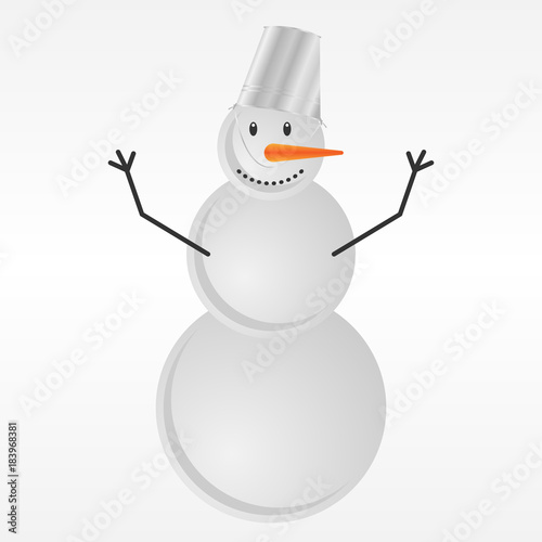 Snowman with a bucket on his head on a white background.