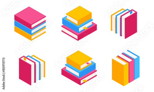 Vector Set of Colorful Horizontal and Vertical Stacks of Books in Isometric.Education Infographic Template Design with Books Pile.Set of Book Icons in Flat style isolated from white background