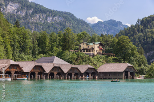 Boathouses and hotel at Konigssee near Berchtesgaden in German alp mountains