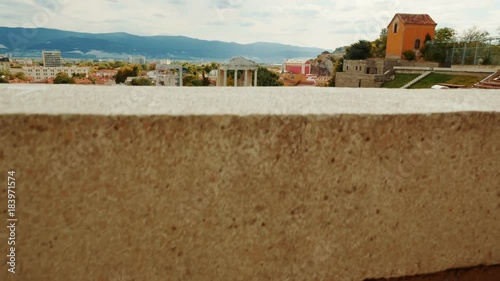 Spectacular jib establishing revealing the Roman theater of Plovdiv, Bulgaria, one of the worlds best-preserved theatres. Plovdiv will be the European Capital of Culture in 2019