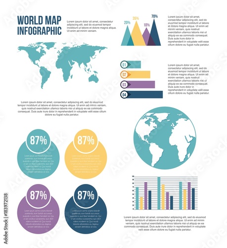 world map infographic chart statistics percent graphs vector illustration
