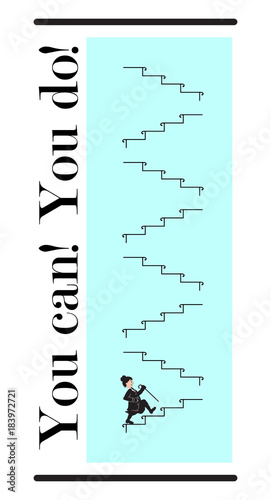 Grandmother stubbornly climbs the stairs. Concept - to achieve the goal. Healthy lifestyle. Vector illustration. Eps 10.