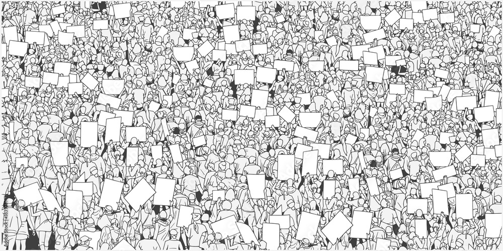 Illustration of massive crowd protest with blank signs - obrazy, fototapety, plakaty 