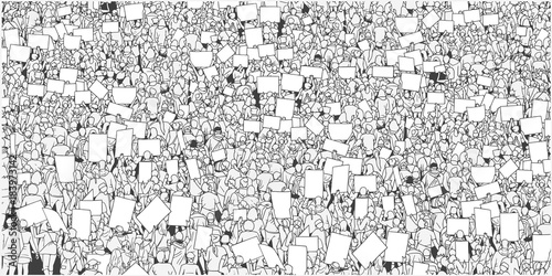 Illustration of massive crowd protest with blank signs photo