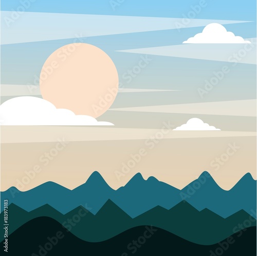 landscape evening mountains hill full moon sky clouds vector illustration