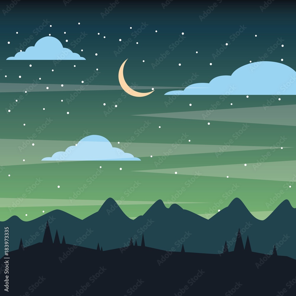 starry night sky silhouette of the mountain landscape vector illustration
