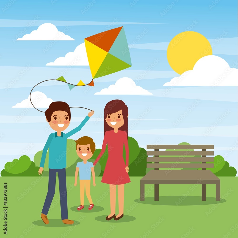 family play with kite funny in the park vector illustration