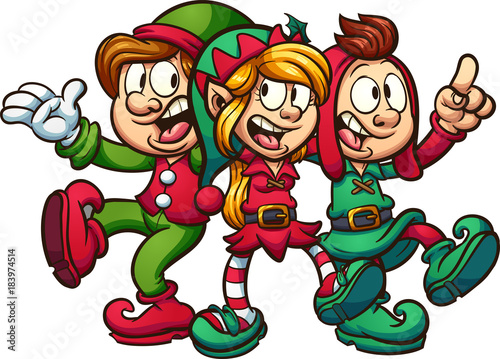 Cartoon singing Christmas elves. Vector clip art illustration with simple gradients. All in a single layer. 