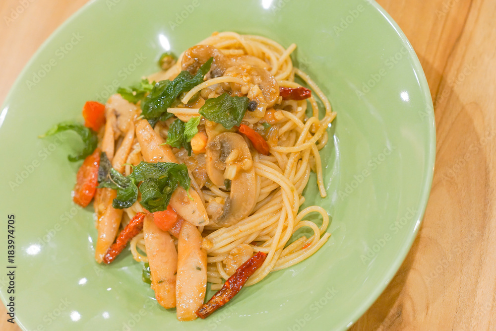 Stir-Fried Spaghetti with Olive Oil, Garlic , Dried Chili And Crispy Bacon Stir-Fried Spaghetti with Olive Oil, Garlic , Dried Chili And Crispy Bacon