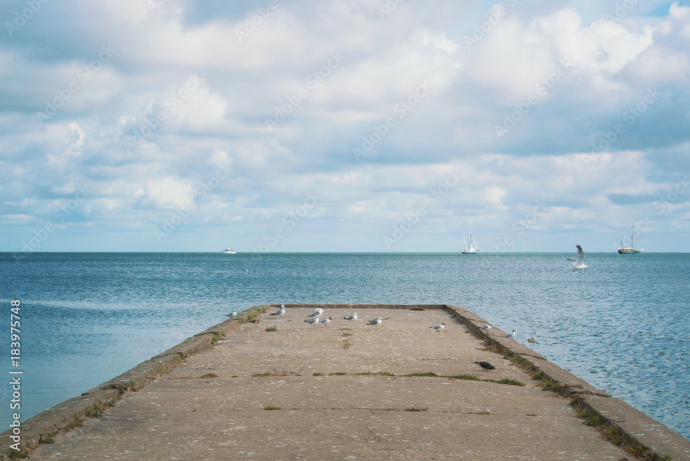 Old stone pier with sitting standing seagulls and a blue sea water around with sailing ships at the horizon.
