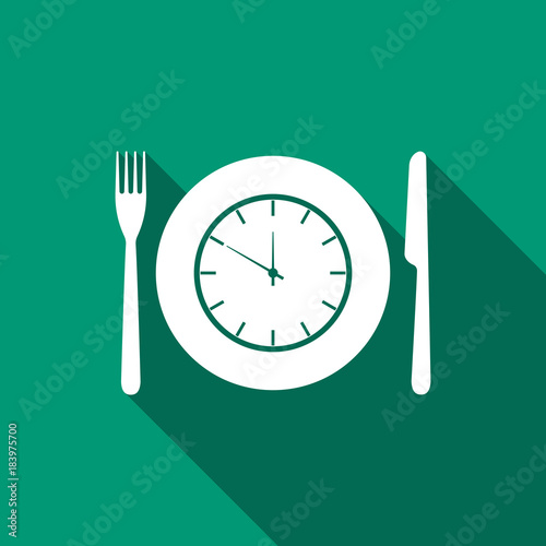 Plate with clock, fork and knife icon isolated with long shadow. Lunch time. Eating, nutrition regime, meal time and diet concept. Flat design. Vector Illustration