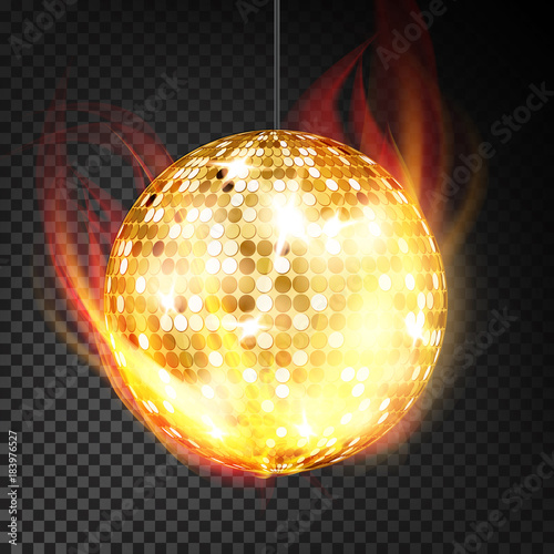 Gold Disco Ball Vector Realistic. Yellow Dance Night Club Ball In Burning Style Isolated On Transparent Background Illustration