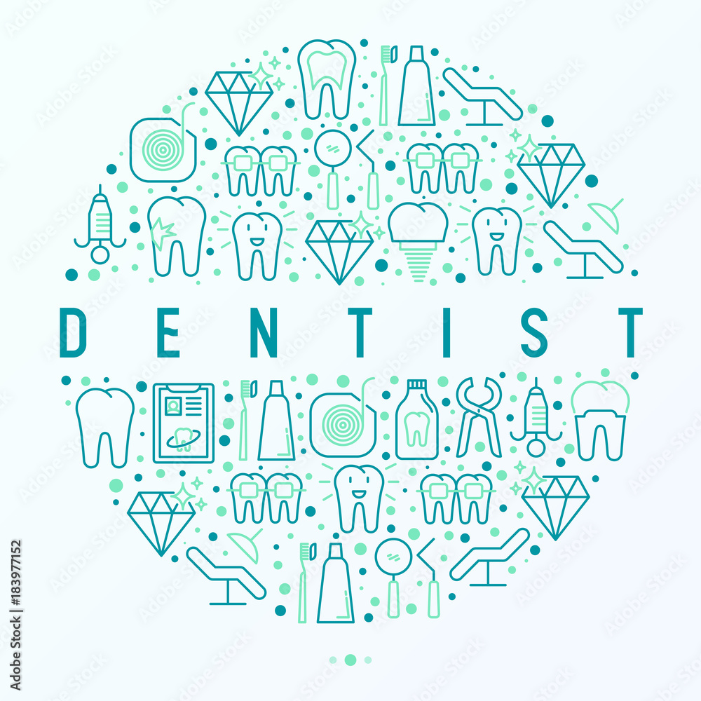 Dentist concept in circle with thin line icons of tooth, implant, dental floss, crown, toothpaste, medical equipment. Modern vector illustration for banner, web page, print media.