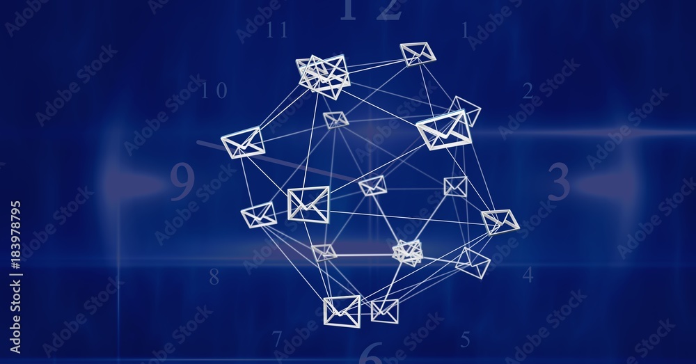 3D email message connected icons with blue background