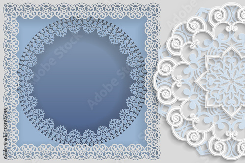 Round white frame in an rectangular frame with lace edges and  3D mandala on the side. Template for wedding and other congratulations. In the middle there is space for text, pictures, photos. Vector.