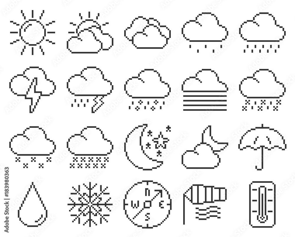 Line pixel icons set: Weather Line pixel icons set: Weather