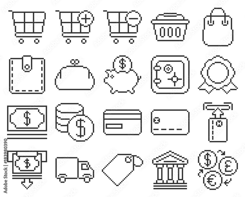 Line pixel icons set: Finance and banking