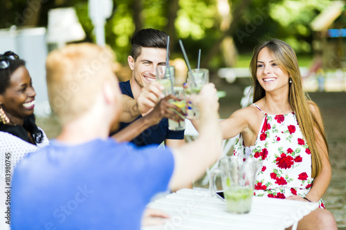 Group of cheerful happy people toasting while sitting at a table